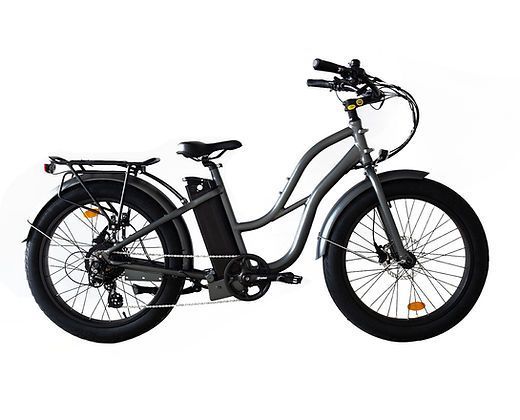 A black electric bike with a large tire on a white background.
