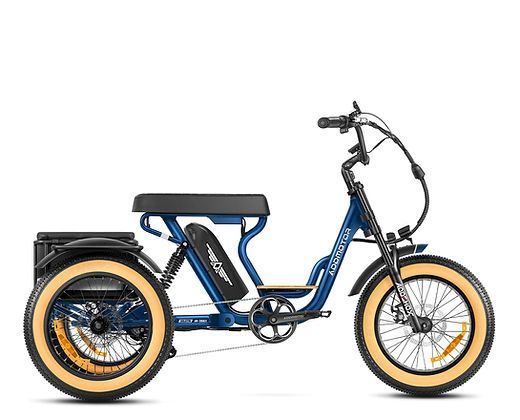 A blue electric tricycle with three wheels on a white background.