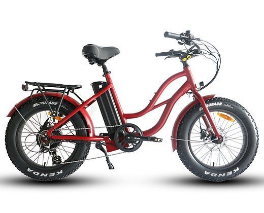 A red electric bike with a large tire on a white background.