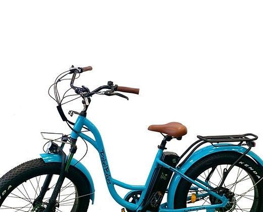 A blue bicycle is parked on a white background