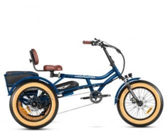 A blue bicycle with three wheels on a white background