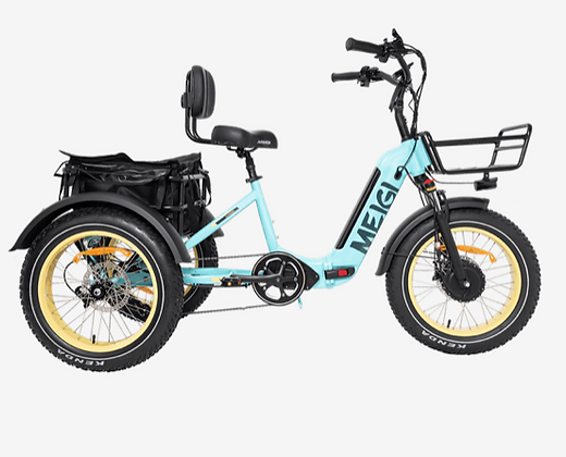A blue meigi electric tricycle with a basket on the front.