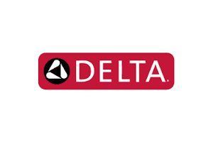 Delta logo on a red rectangular background; black and white triangle symbol, 