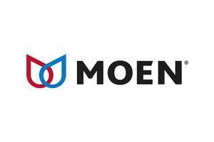 Logo for Moen brand. Red and blue water droplet design with 