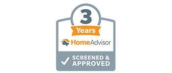 3-year HomeAdvisor Screened & Approved badge in gray, orange, and blue