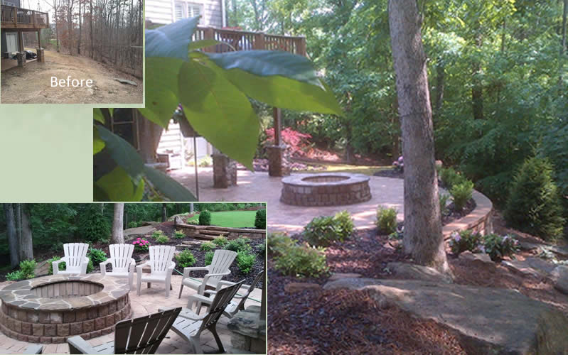 a before and after photo of a patio with a fire pit