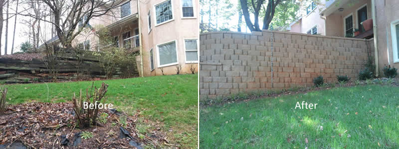 a before and after picture of a lawn and a brick wall .