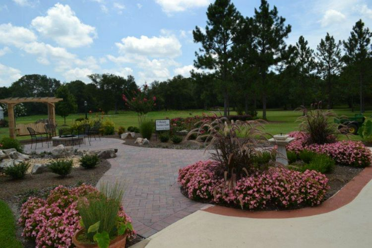 a brick walkway surrounded by pink flowers and trees.