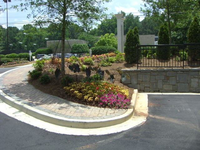 a corner of a parking lot with flowers and trees