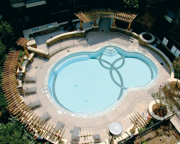 an aerial view of a large swimming pool