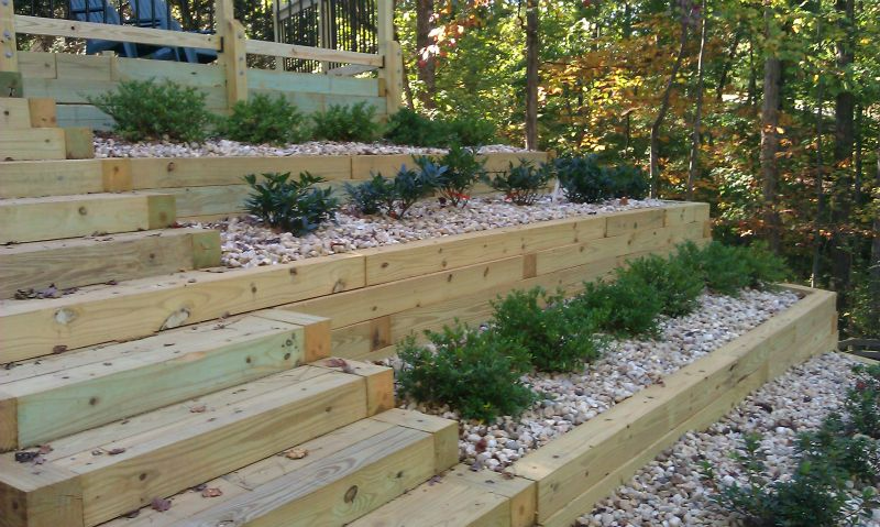 a row of wooden steps leading up to a lush green hillside .