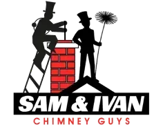 Logo for Sam & Ivan Chimney Guys with two black chimney sweep silhouettes and a red brick chimney.