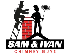 Logo for Sam & Ivan Chimney Guys with two black chimney sweep silhouettes and a red brick chimney.