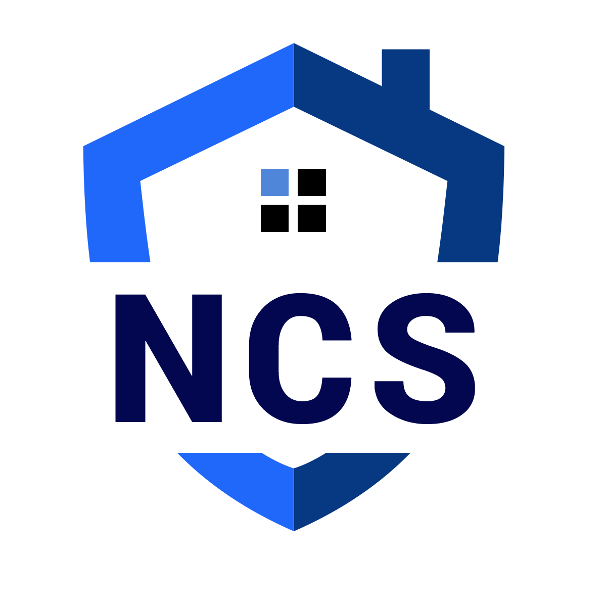 Blue shield logo with house outline, window icon, and the letters NCS on white background