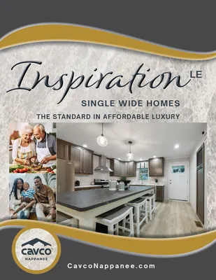 Inspiration LE home flyer with modern kitchen interior, gold accents, and Cavco Nappanee branding