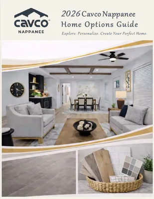 2026 Cavco Nappanee Home Options Guide cover with a bright living room and flooring close-up