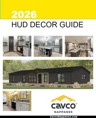 2026 HUD Decor Guide cover with home exterior, interior photos, and Cavco Nappanee logo
