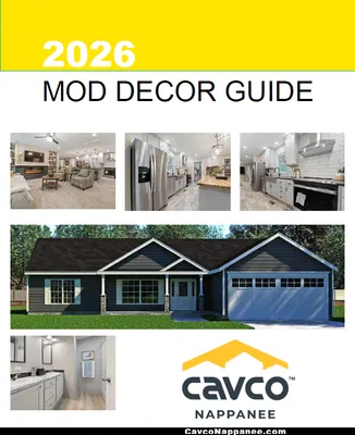 2026 MOD decor guide cover with home exterior photos and Cavco Nappanee logo