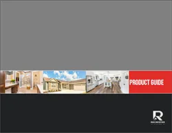Product guide cover with building images and black footer featuring a red Product Guide banner and logo