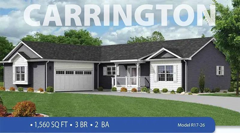 Modern gray single-story house with garage, labeled “Carrington,” on a green lawn