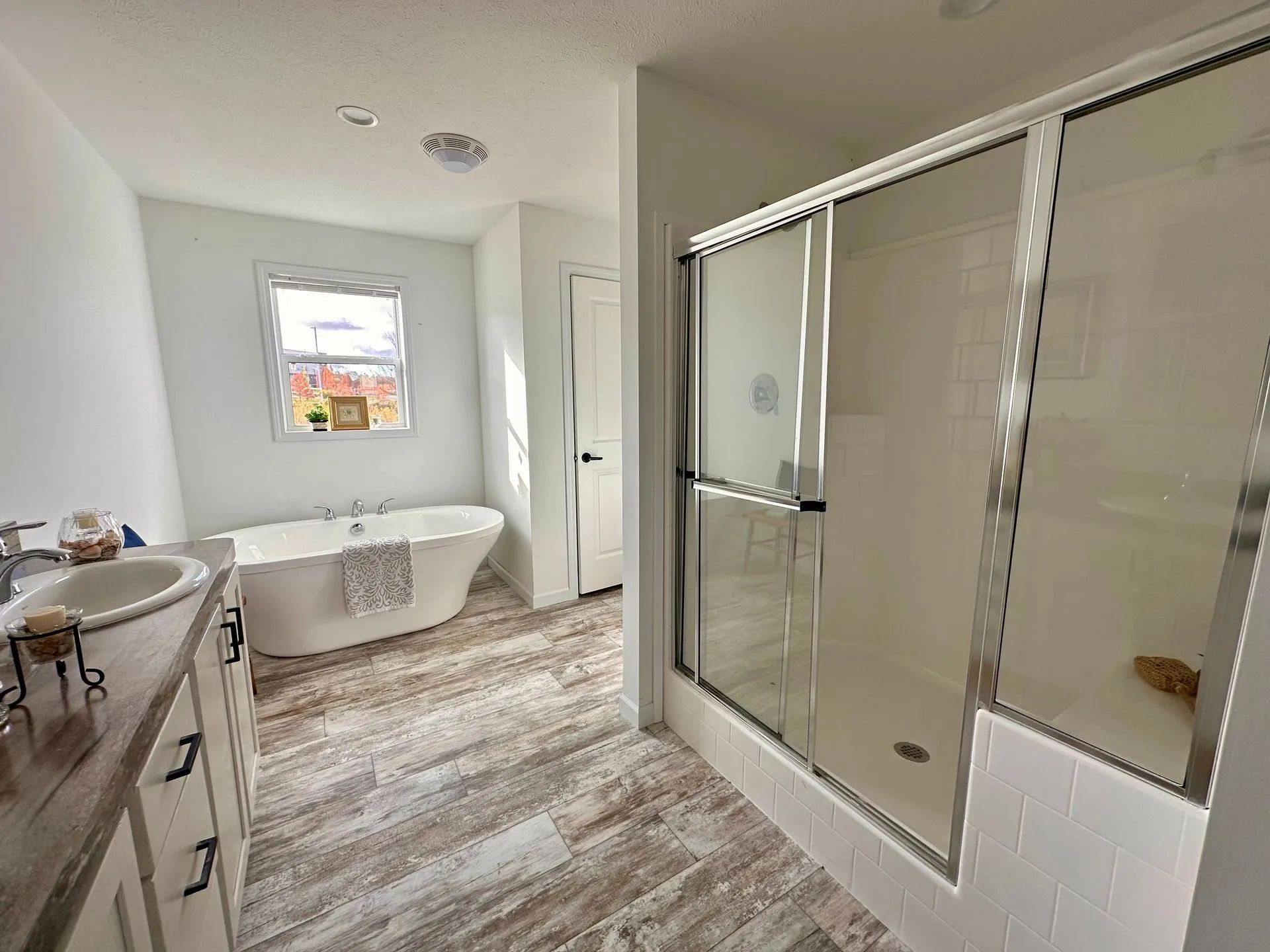 Bright bathroom with freestanding tub, glass shower, and white vanity in a wood-look floor interior