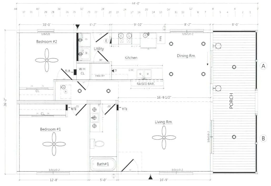Black-and-white architectural floor plan with room labels, dimensions, and stair area