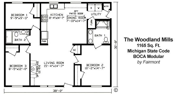 Floor plan of The Woodlawn Mills modular home, showing kitchen, living room, bedrooms, bath, and utility.