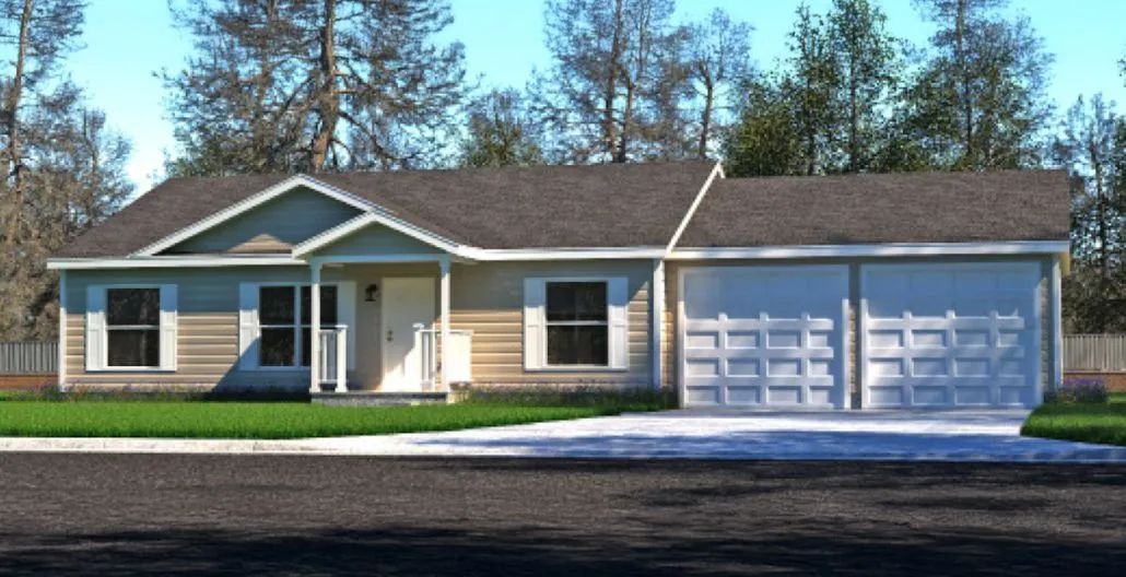 Single-story blue house with white trim and a two-car garage on a sunny day