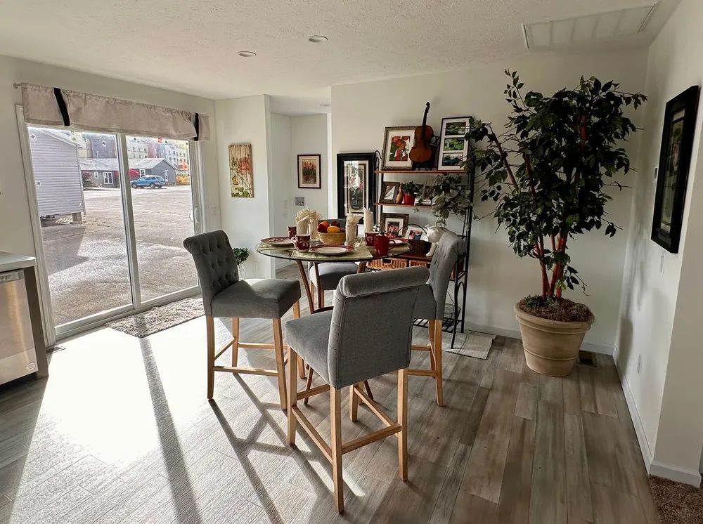 Bright dining area with table, chairs, sliding glass door, and potted tree near a window.