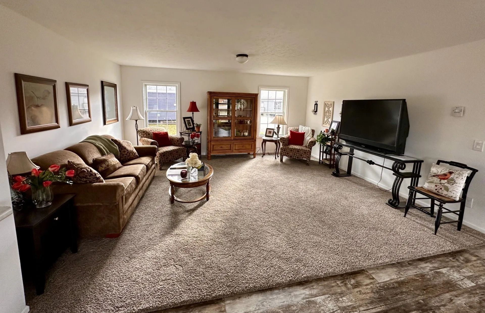 Spacious living room with brown sofa, TV, coffee table, and patterned carpet in a bright home.