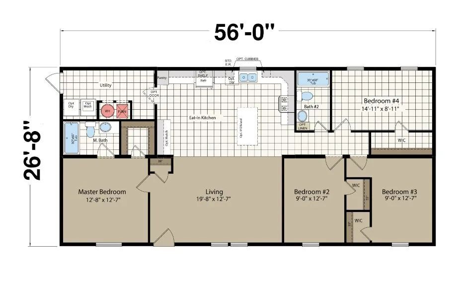Floor plan of a small home with labeled rooms, kitchen, bathroom, bedrooms, and dimensions.