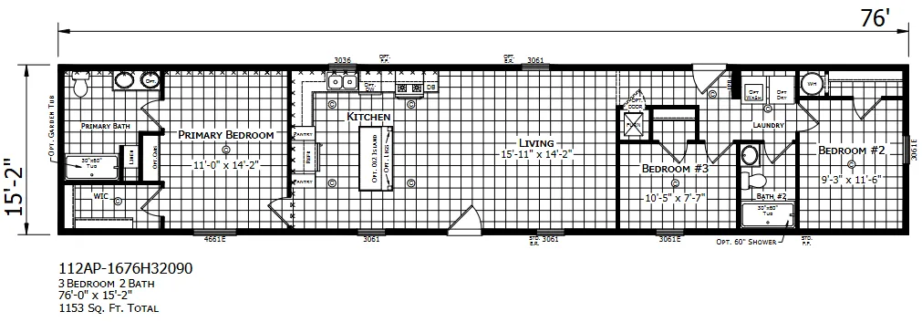 Black-and-white architectural floor plan of a narrow 76' building layout with labeled rooms and fixtures