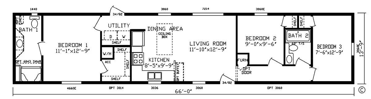 Black-and-white architectural floor plan of a long, narrow house layout with labeled rooms and dimensions