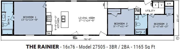 Floor plan of The Rainier apartment, showing 2BR/2BA layout with 1,165 sq ft.