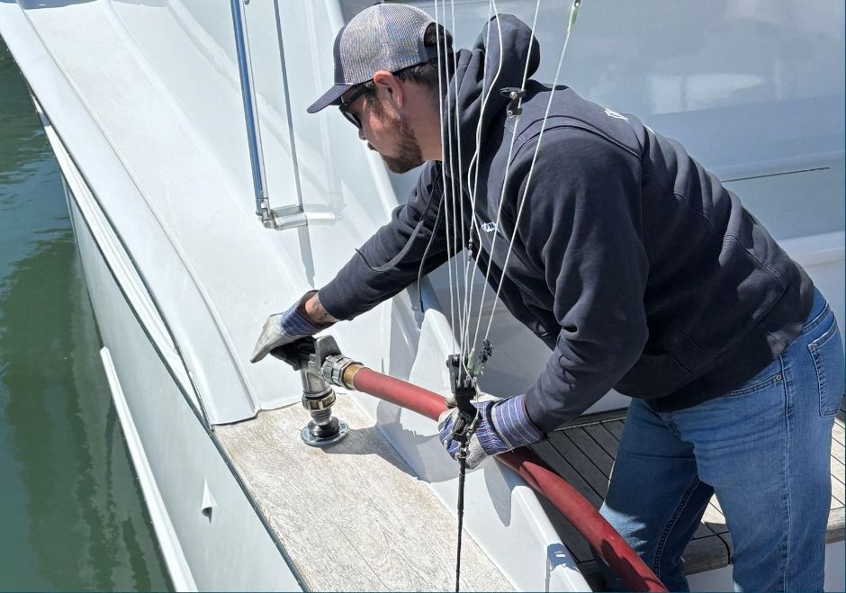 Worker on a rooftop using a power tool to repair a glass building facade