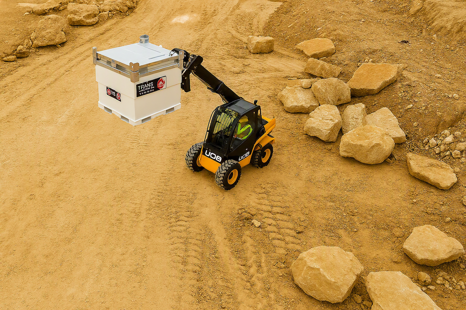 Toy bulldozer lifting a white box in a sandy, rock-strewn construction scene