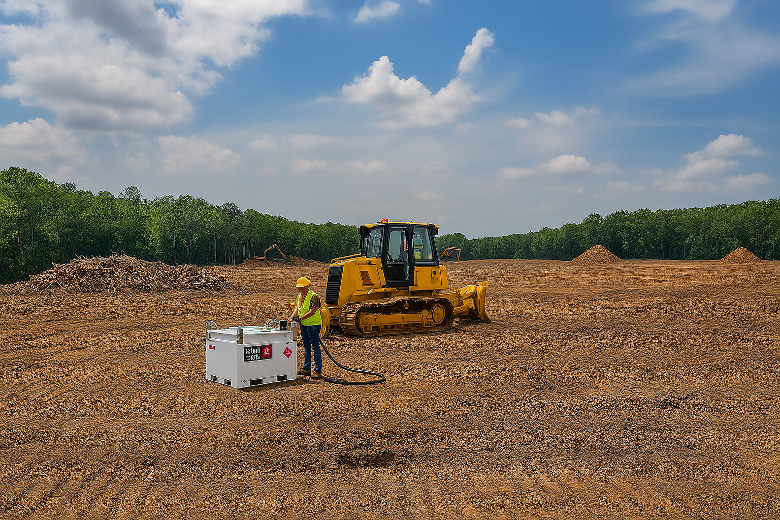 Worker beside yellow bulldozer in a harvested field under a cloudy sky