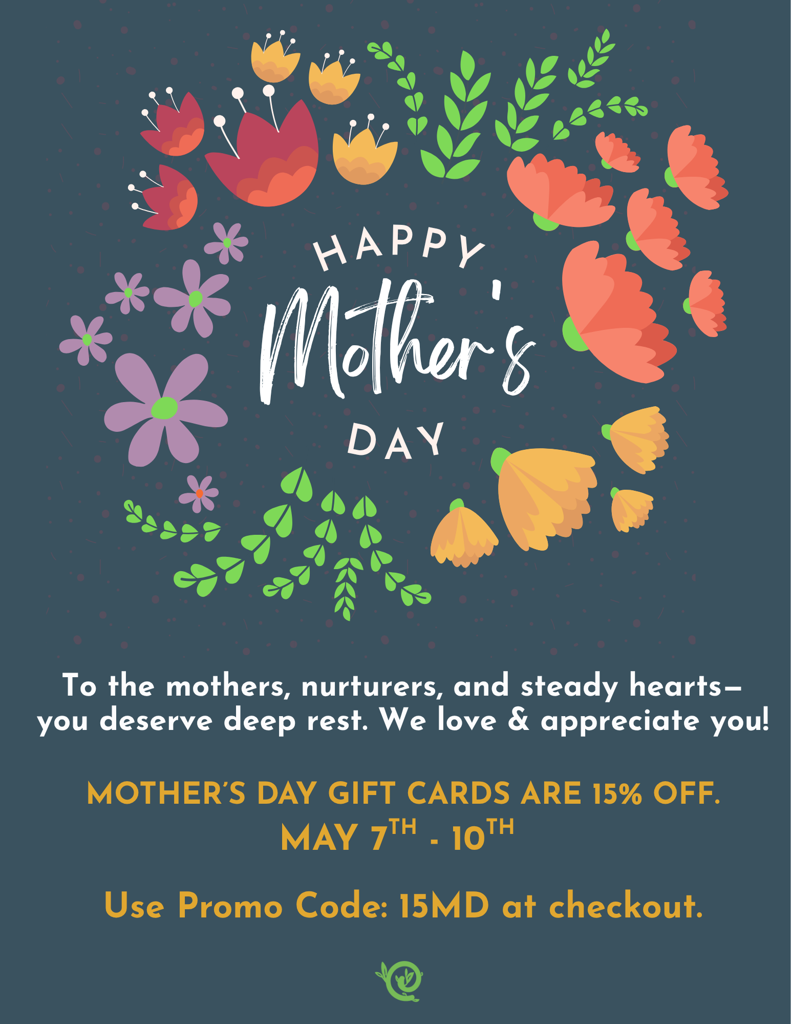 Mothers Day card with floral wreath, Happy Mothers Day text, and 15 off gift offer.