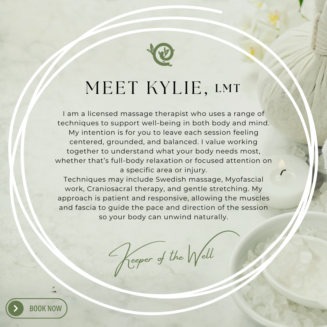 Text that reads Meet Kylie, LMT on a background, with a spa-like theme.