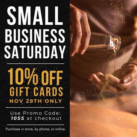 Small Business Saturday: 10% off gift cards on Nov 29th. Promo code: 10SS. Hands pour oil with sparkles.