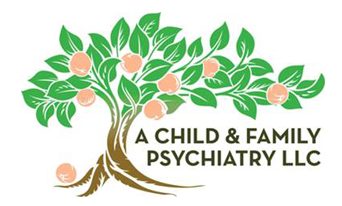 Logo of a tree with peaches, green leaves, and text "A CHILD & FAMILY PSYCHIATRY LLC."