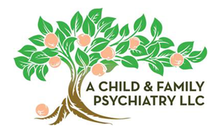 Logo of a tree with peaches, green leaves, and text "A CHILD & FAMILY PSYCHIATRY LLC."
