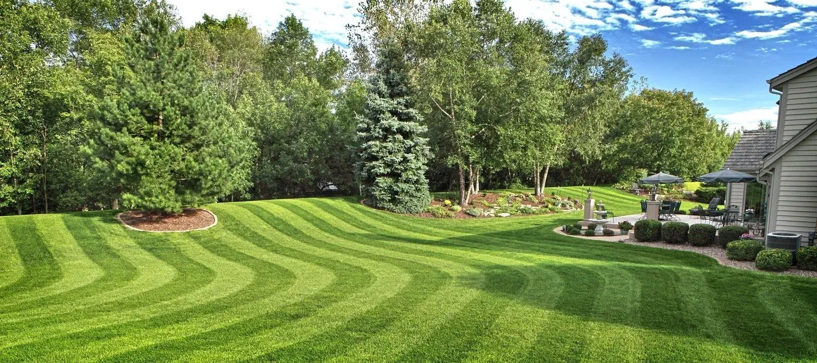 A manicured green lawn with wavy stripes, trees, and a house under a blue sky.