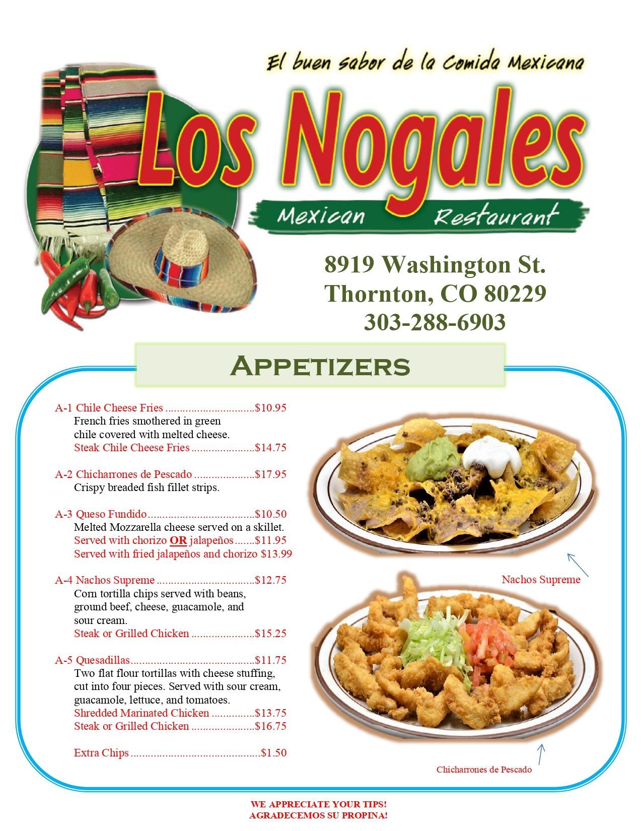 Menu for Los Nogales Mexican Restaurant in Thornton, CO, listing appetizers. The logo features a sombrero and colorful textiles.
