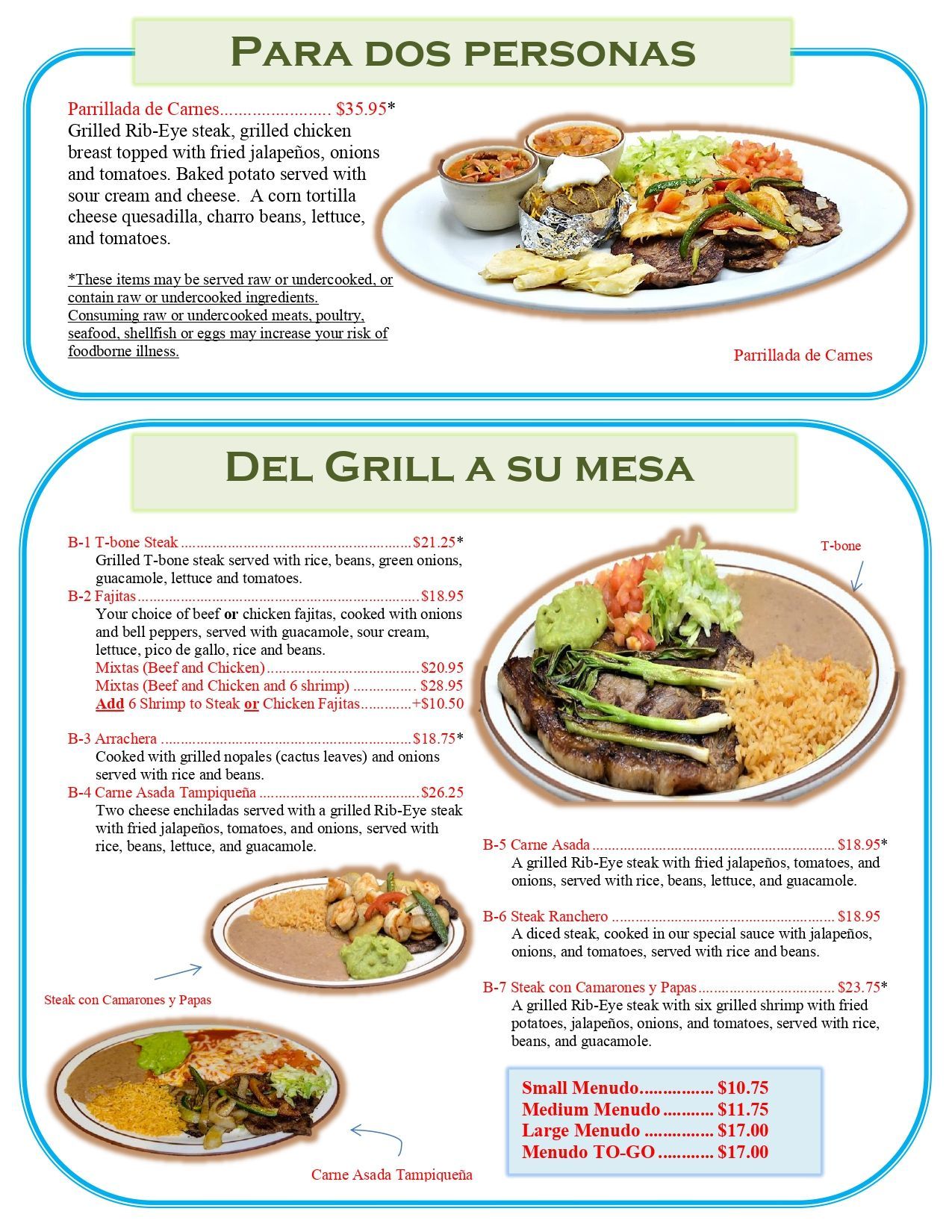 Menu with food photos, including grilled dishes and a platter for two.