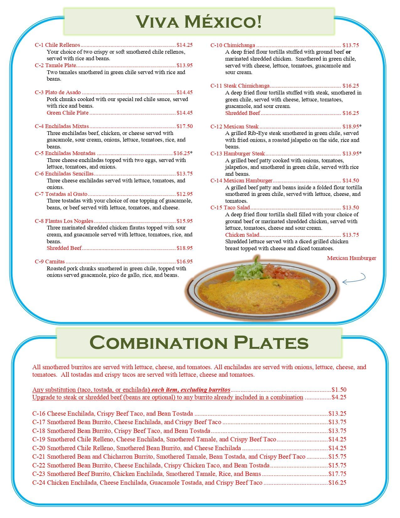 Viva Mexico menu with food descriptions and combination plates.