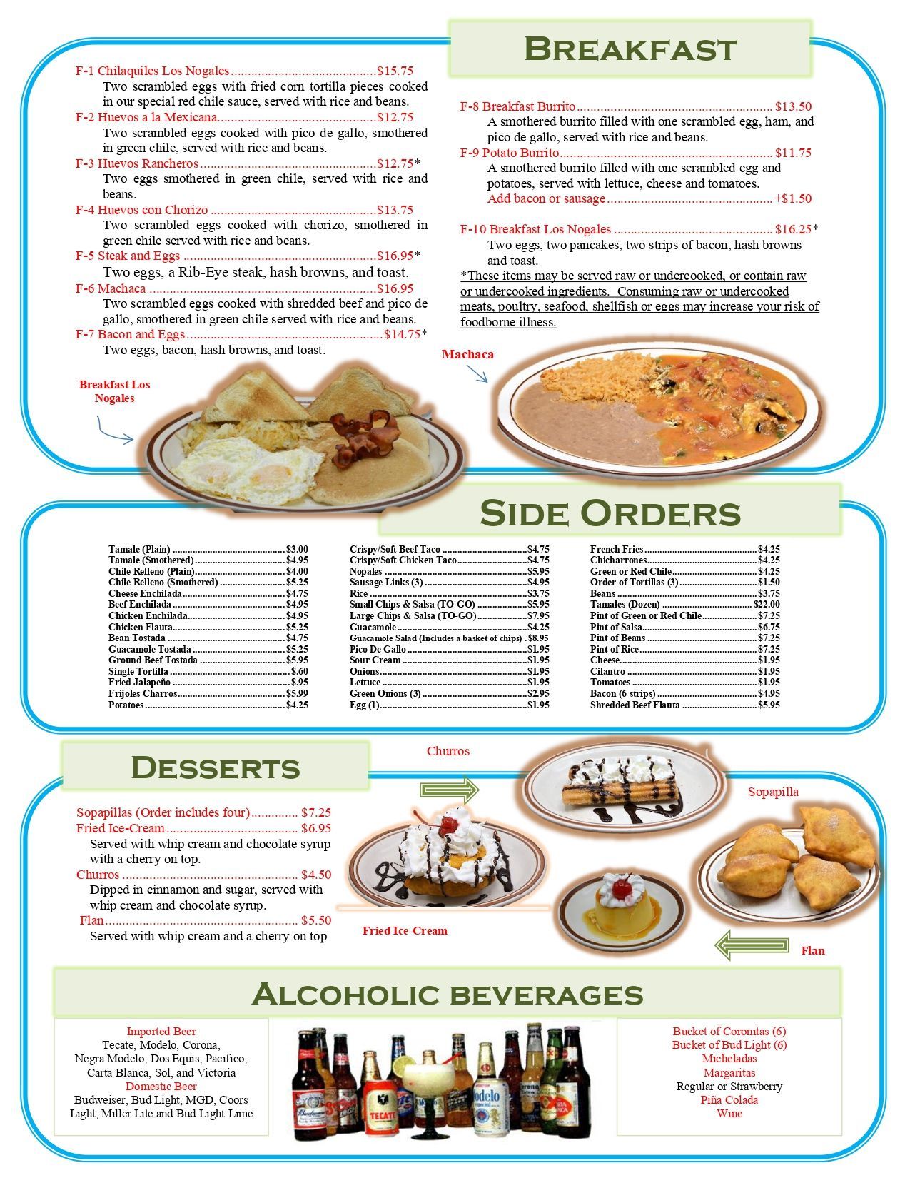 Menu with breakfast, side orders, desserts, and alcoholic beverages.