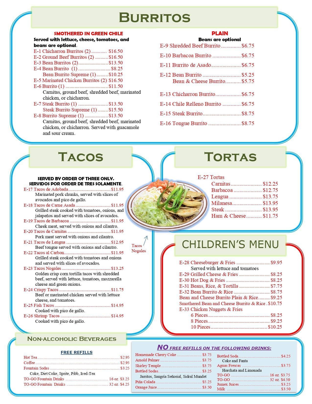 A menu for Mexican food, including burritos, tacos, tortas, and a children's menu.