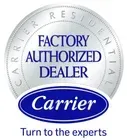 Carrier Factory Authorized Dealer logo: Silver badge with blue text and a blue Carrier logo, 