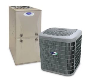 A tan Carrier furnace and a gray air conditioner unit.